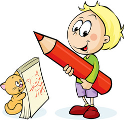 boy with red pencil drawing cat - vector illustration
