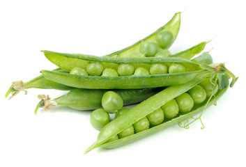 Green Peas in Pods Isolated on White Background