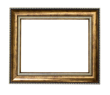 Golden wood frame on white background