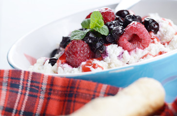 Cottage cheese in blue bowl