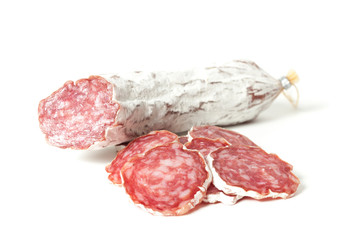 slices of salami isolated on a white