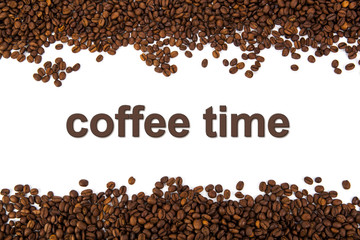 roasted coffee beans with title
