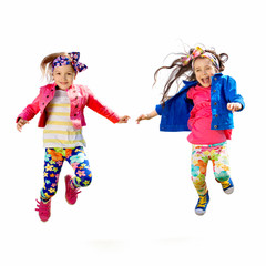 Cute happy children jumping on white background