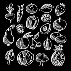 Chalk isolated vegetables and fruits doodle icons, vector