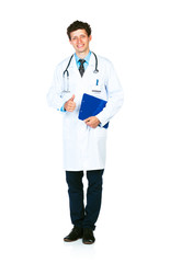 Portrait of a smiling male doctor holding a notepad and finger u