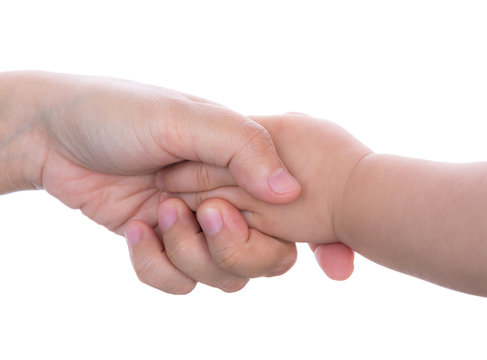 Mommy and her child hand isolated on white