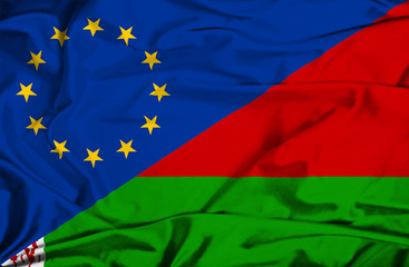 Waving flag of Belarus and EU