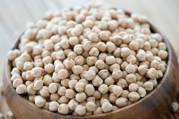 Raw chickpeas, close-up, horizontal shot