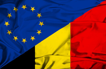 Waving flag of Belgium and EU