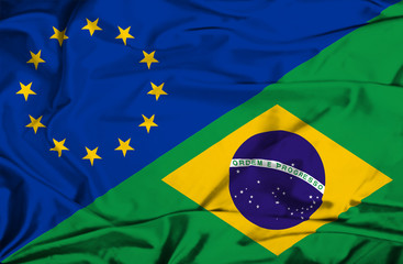 Waving flag of Brazil and EU