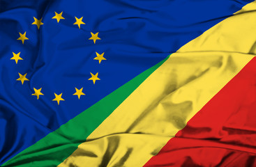 Waving flag of Congo Republic and EU