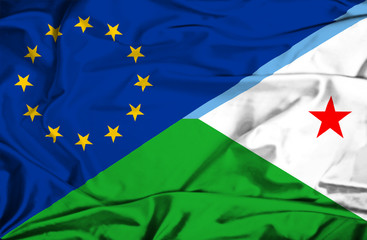 Waving flag of Dijbouti and EU