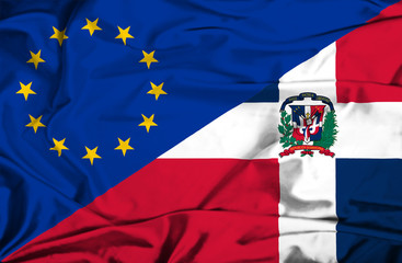Waving flag of Dominican Republic and EU