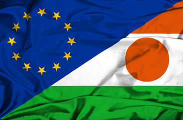 Waving flag of Niger and EU