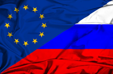 Waving flag of Russia and EU
