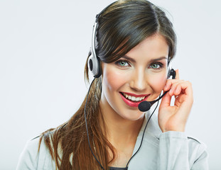 Customer support operator. Woman face.Call center smiling opera