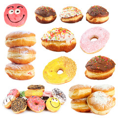 Collage of tasty donuts isolated on white
