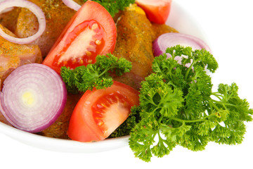 Raw turkey meat with vegetables and spices close up