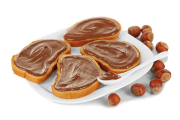Bread with sweet chocolate hazelnut spread
