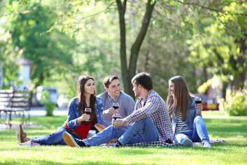 Happy friends on picnic in park