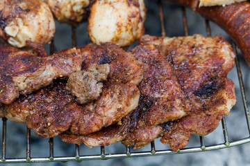 barbecue with delicious grilled meat on grill