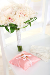 Beautiful wedding bouquet and decorative pillow for wedding