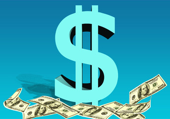 Dollar sign of the USA with currency notes on a blue background