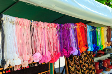 Set of colorful necklaces in the market