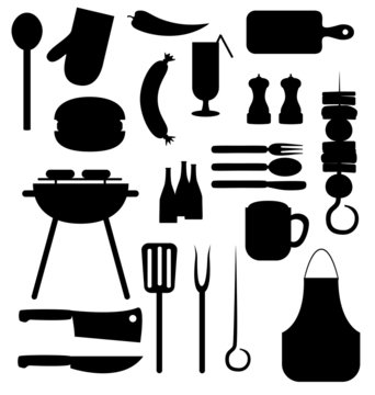 Set of barbecue party black vector icons silhouettes