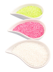 Pink, green, white sago pearl in ceramic container