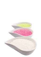 Pink, green, white sago pearl in ceramic container