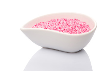 Pink sago pearls in a ceramic container