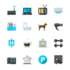 Hotel and Hotel Amenities Services Icons with White Background