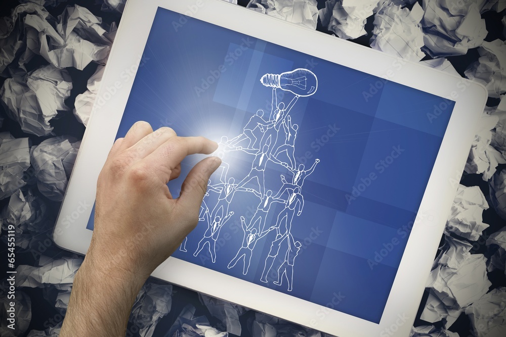 Poster composite image of hand touching tablet