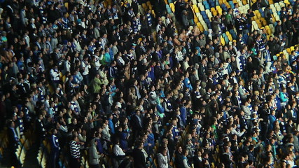 Football standing fans shout for team playing on field stadium