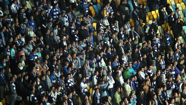 Shouting for football team fans stand, stadium arena, playing