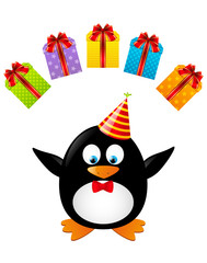 Funny penguin with color gifts