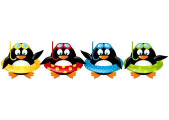 Funny swimming penguins isolated on white