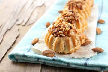 Tasty cakes on table close-up