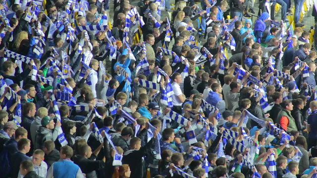 Football supporters raise team scarfs, flag waiving, stadium 