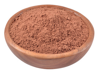 Cocoa powder in a wooden bowl on a white