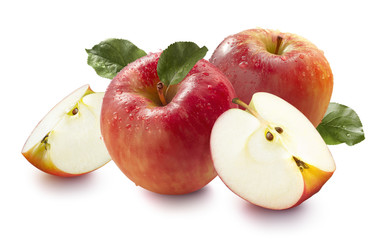 Red wet honey crunch apples isolated on white background horizon