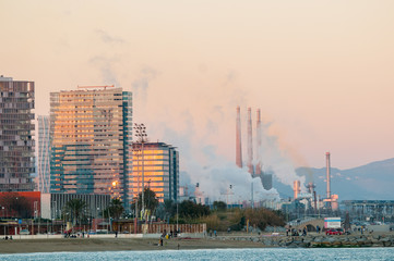 Fototapeta premium Coastline of Barcelona at sunset, Spain