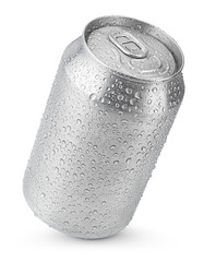 330 ml aluminum soda can with water drops isolated on white