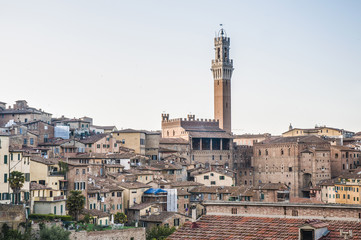 Fototapeta na wymiar Public Palace and it's Mangia Tower in Siena, Italy