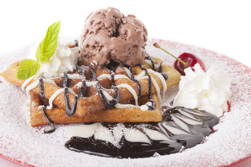Waffle on Red Plate