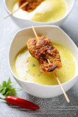 Kokos-Curry-Suppe mit Sojafleischspießen