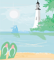 lighthouse seen from a tiny beach