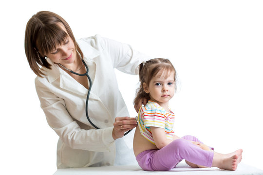 smiling doctor examining baby isolated on white background