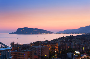 Cityscape of Alanya in the sunset.